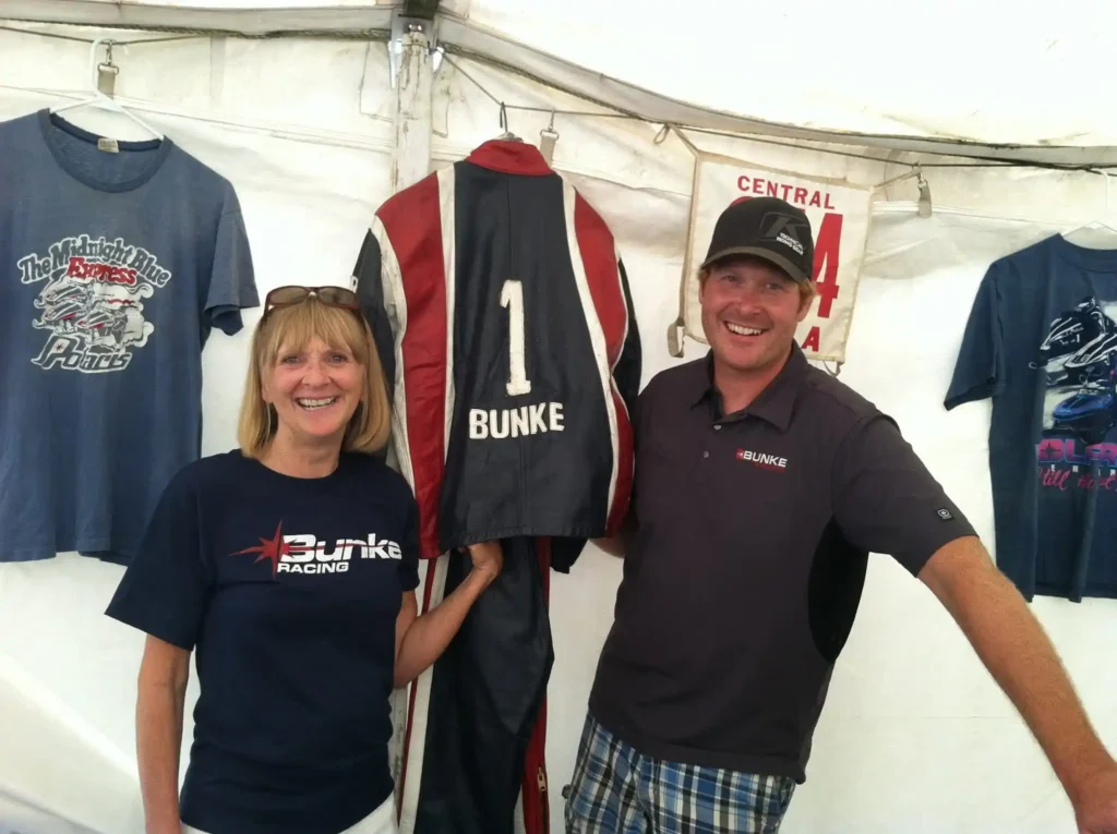 Pam Bunke Klima and her son Gabe Bunke with Jerry Bunke's 1978 leathers